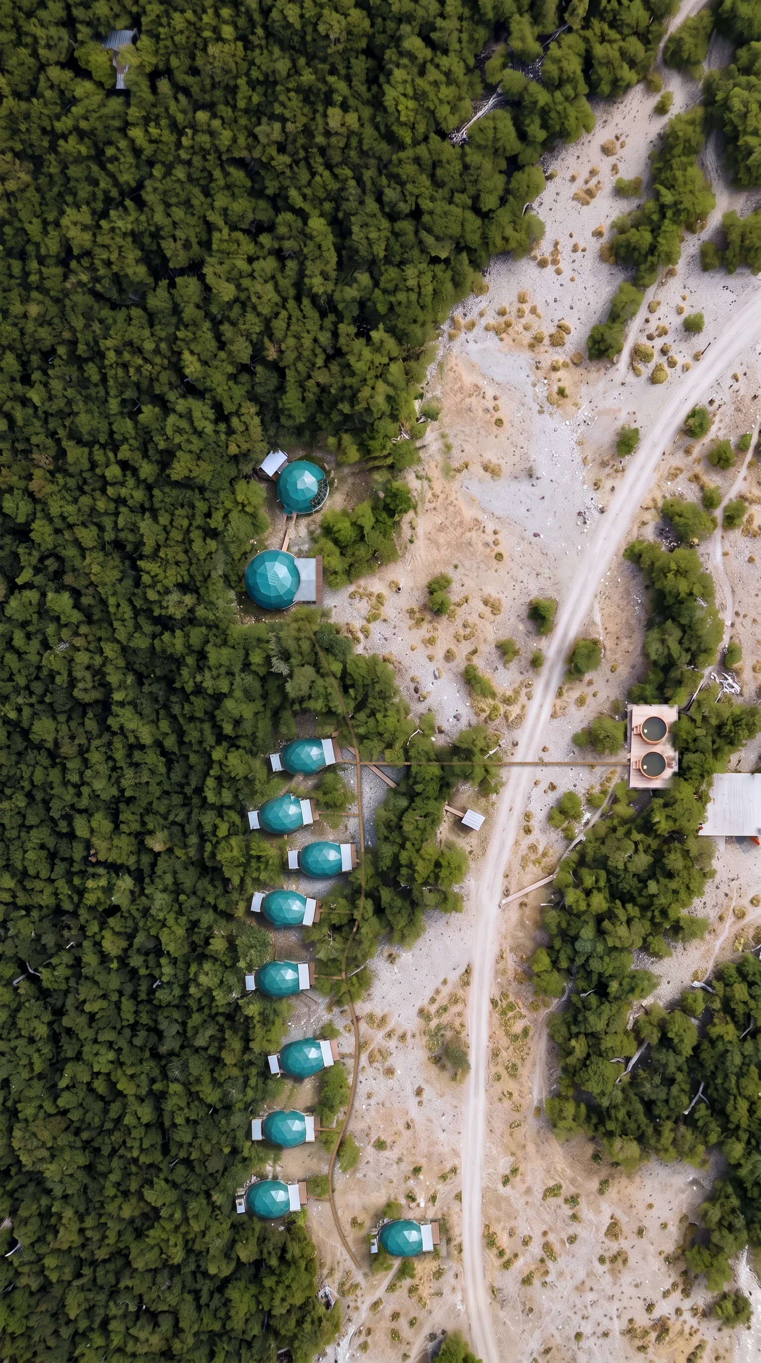 El campamento visto desde el aire: los domos al borde del bosque de lengas