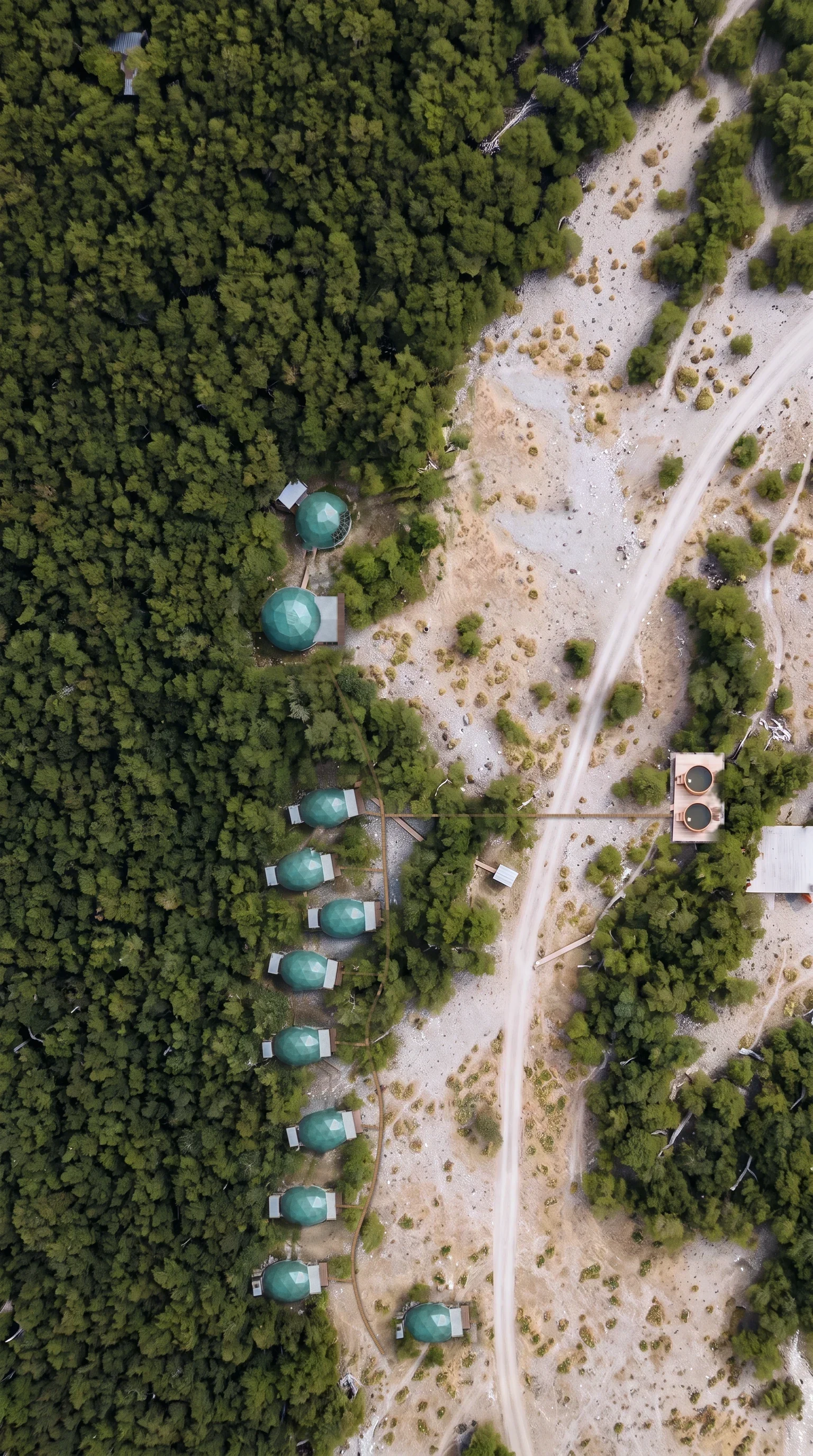 El campamento visto desde el aire: los domos al borde del bosque de lengas