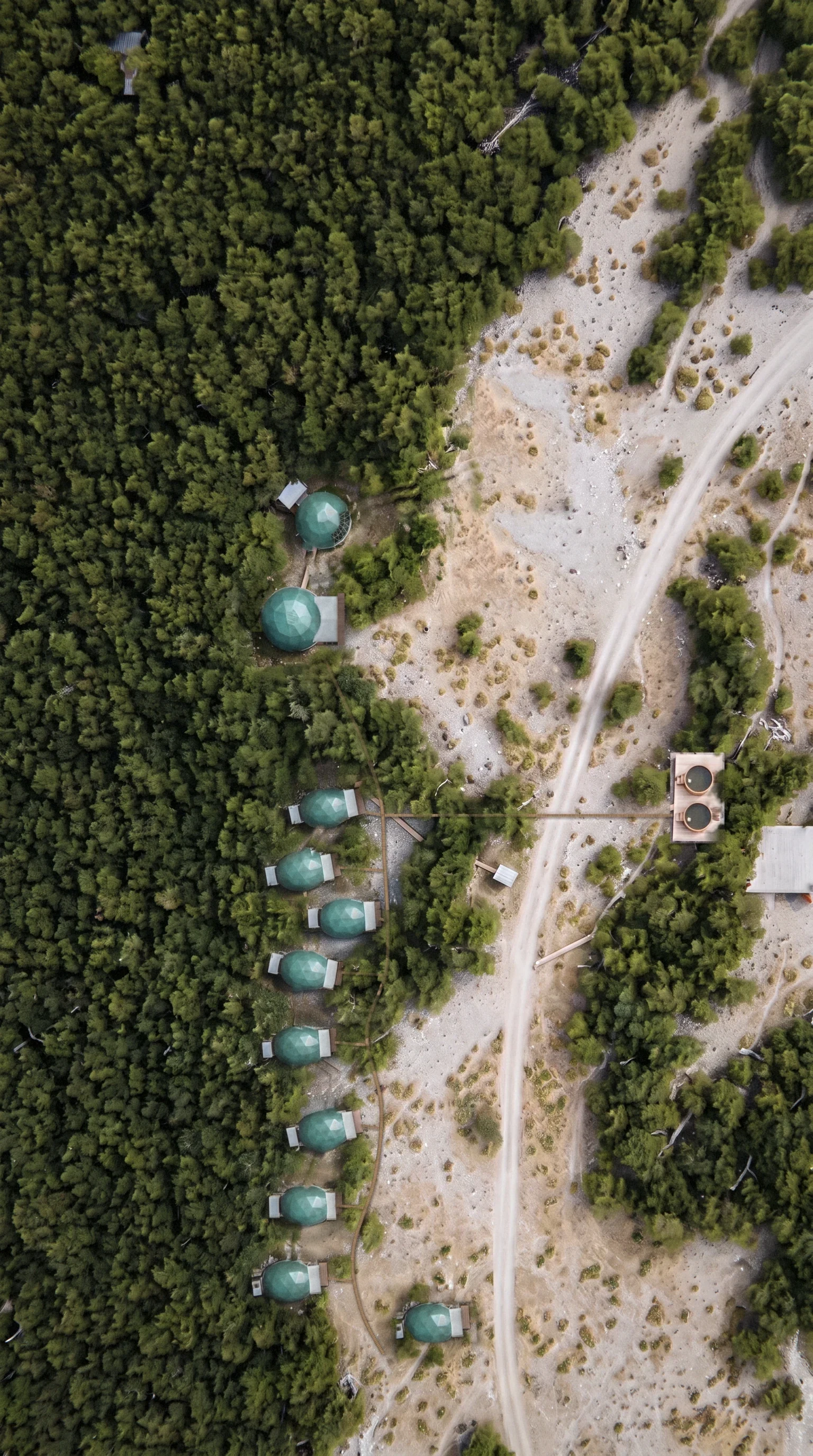 El campamento visto desde el aire: los domos al borde del bosque de lengas
