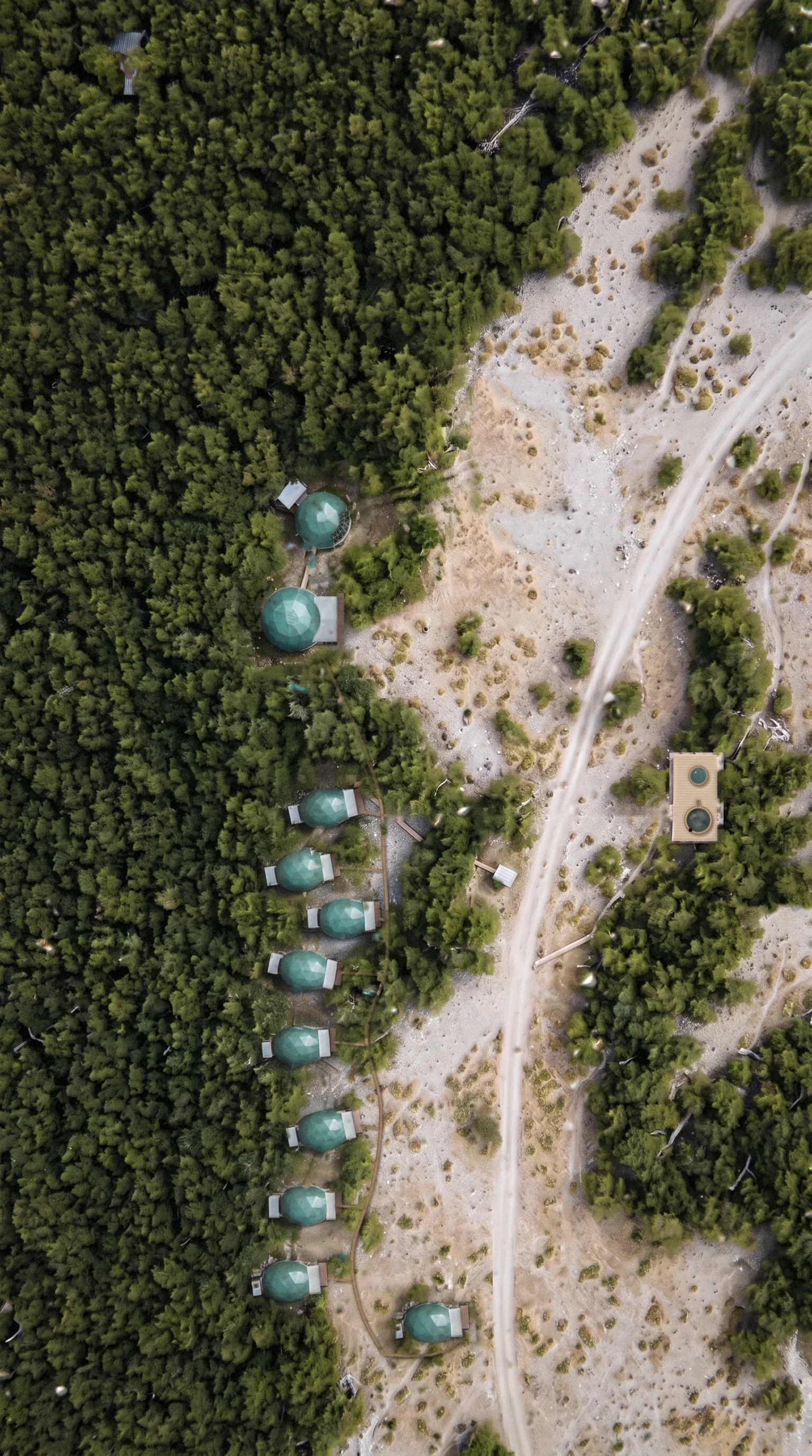 El campamento visto desde el aire: los domos al borde del bosque de lengas